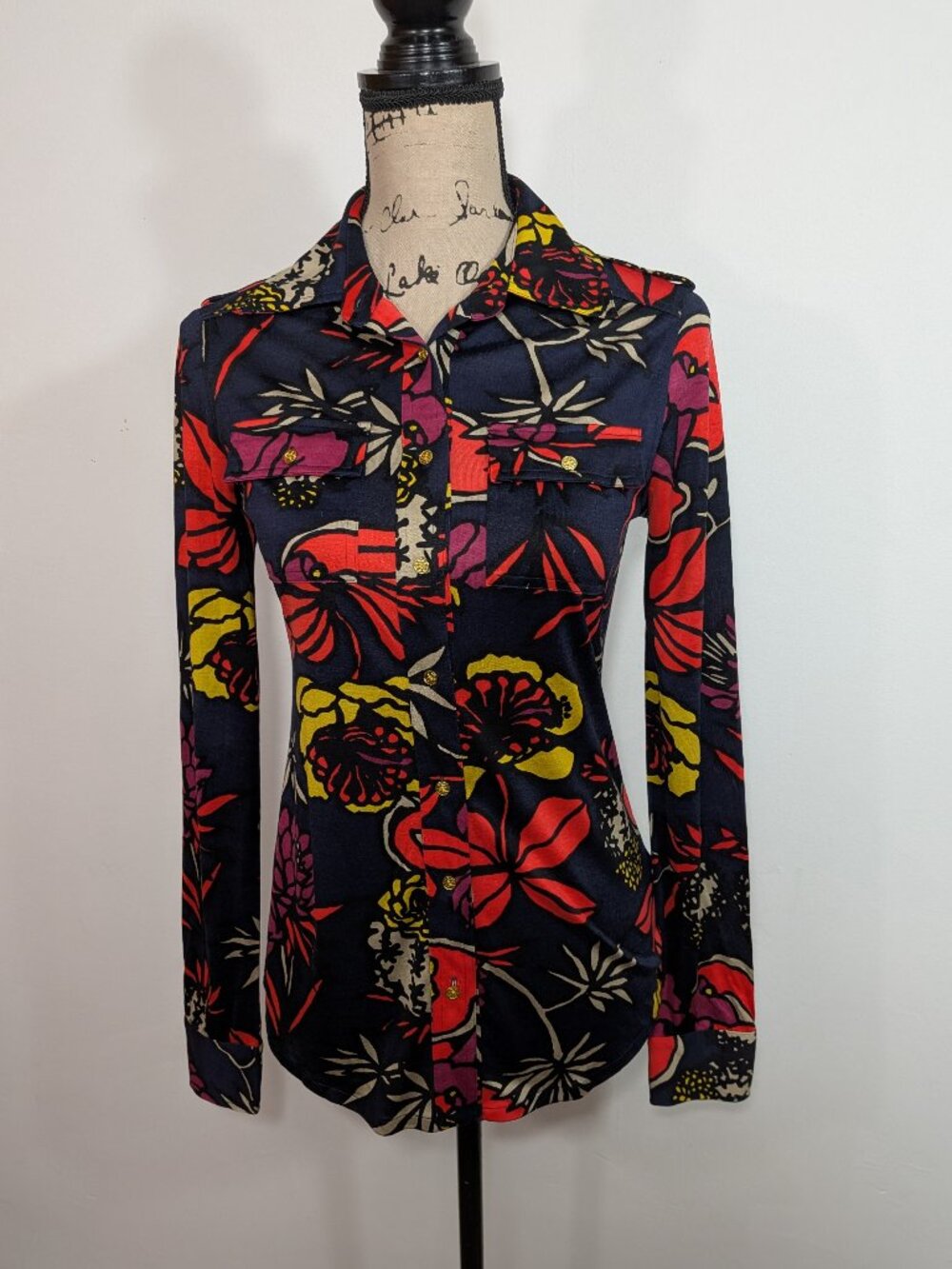 Tory Burch Floral Shirt Top Button Collared Silk Stretch Long Sleeve Womens XS